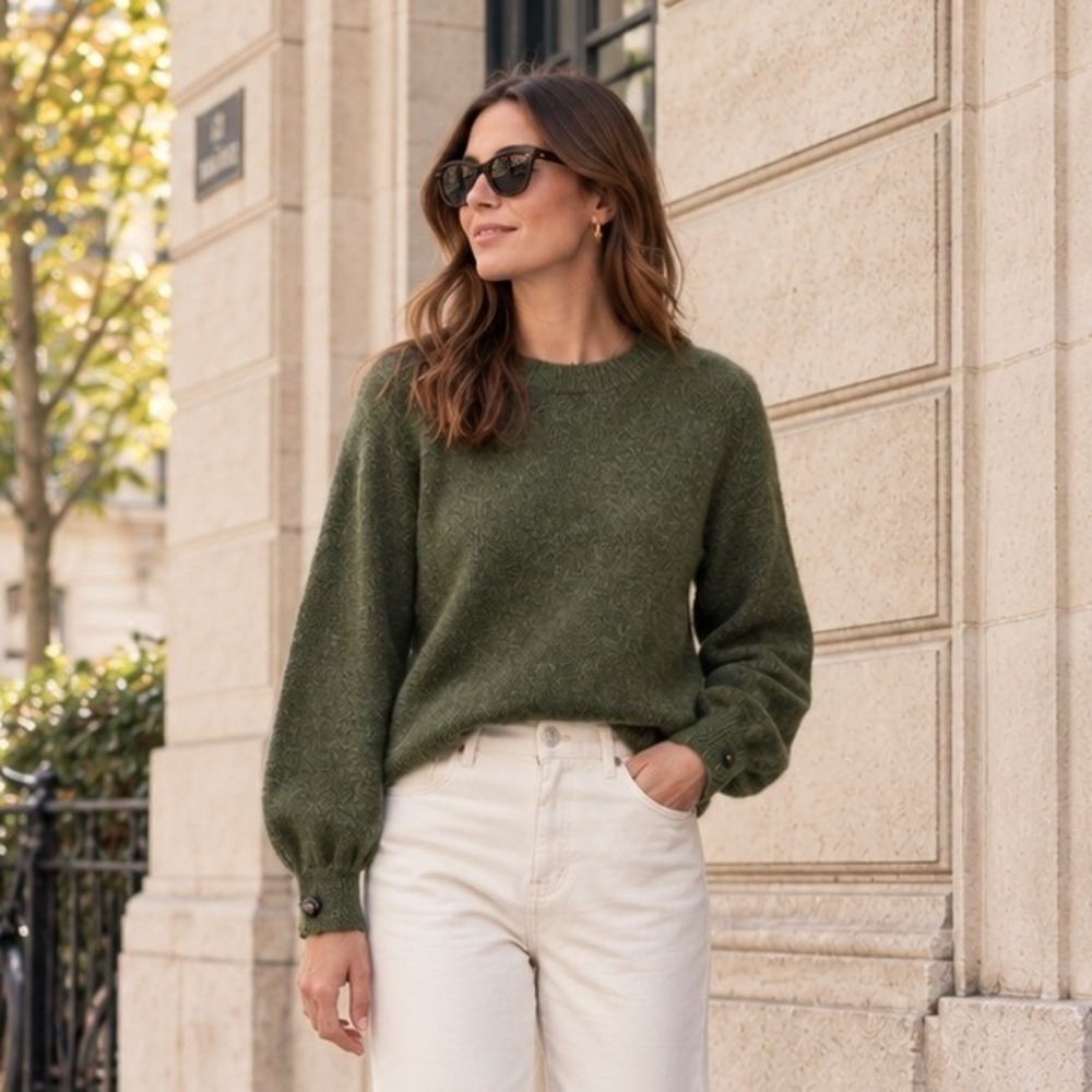 Sezane Womens Louisa Jumper Sweater S AZ Green Merino Wool Mohair Balloon Sleeve